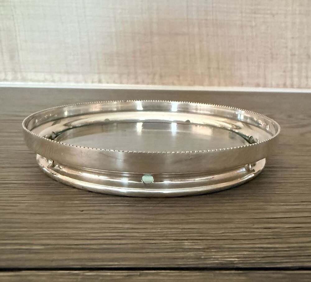Vintage Silver Plated And Glass Wine Bottle Coaster Beaded Rim